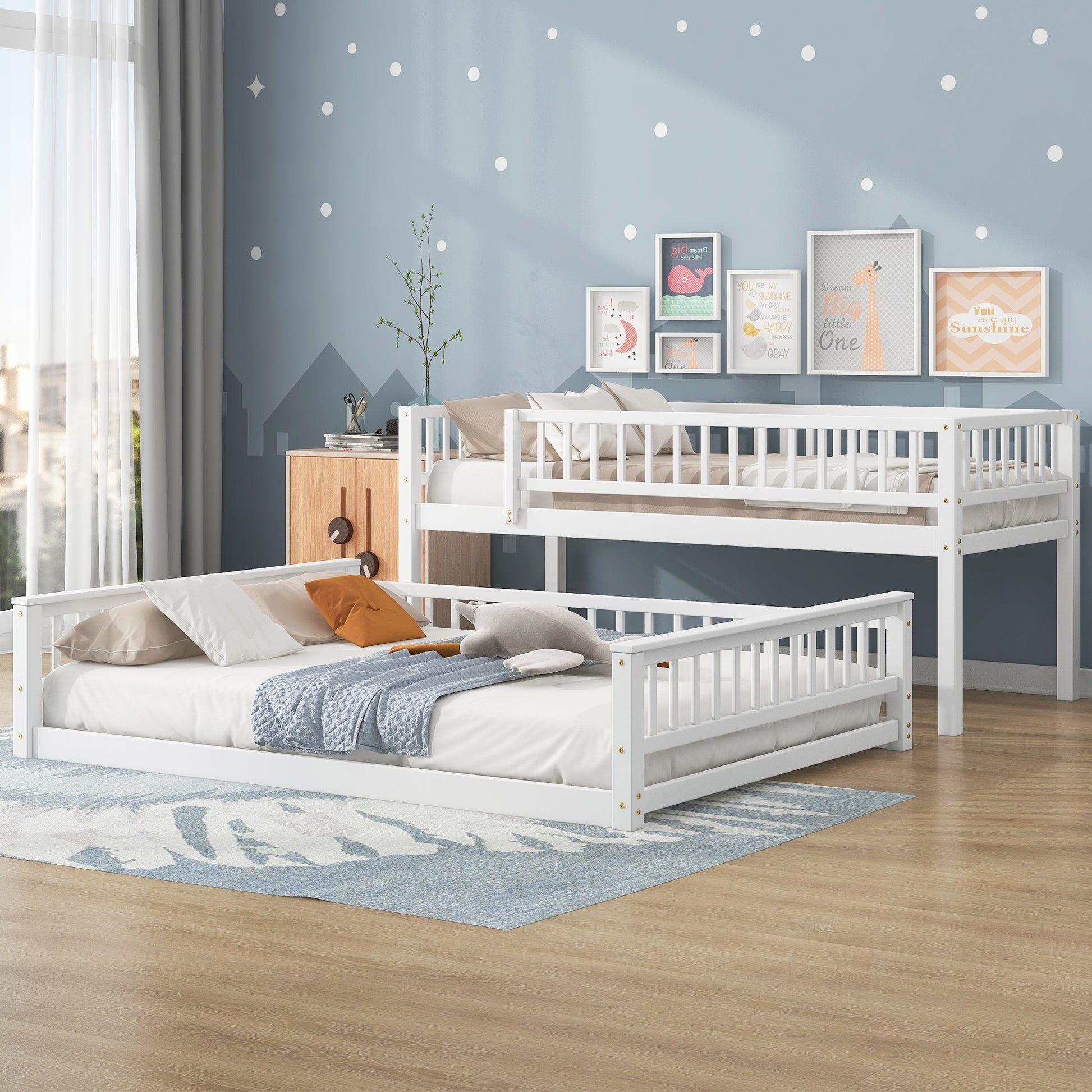 Twin XL over Queen Bunk Bed with Ladder and Guardrails, White image 2