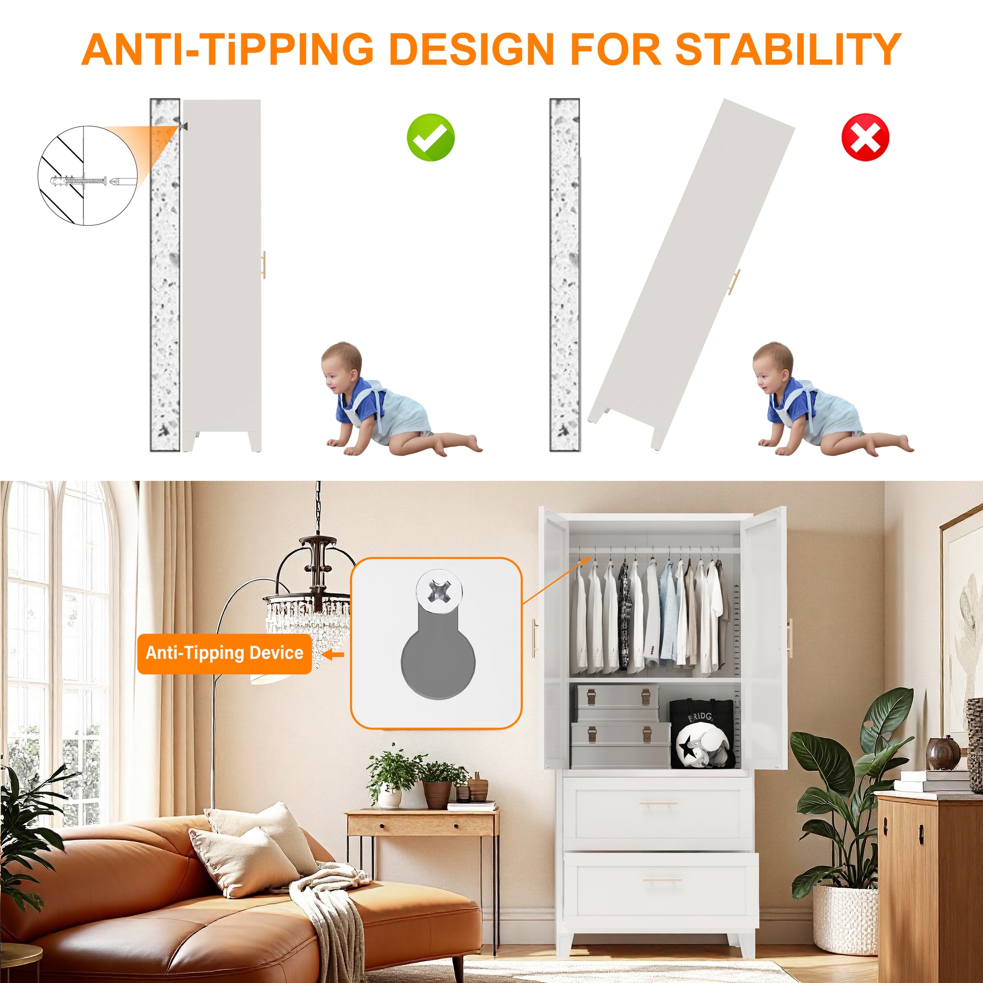71" Tall Metal Wardrobe Cabinet with 2 Drawers and Hanging Rod, 2 Doors Wardrobe Closet with Shelf for Bedroom, Office, Laundry Room,Entryway,Foyer,Guesthouse (White) image 6