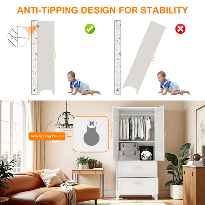 71" Tall Metal Wardrobe Cabinet with 2 Drawers and Hanging Rod, 2 Doors Wardrobe Closet with Shelf for Bedroom, Office, Laundry Room,Entryway,Foyer,Guesthouse (White) image 6