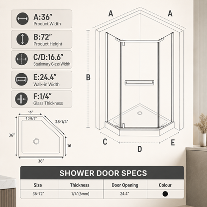 36" W x 72" H Neo-Angle Corner Shower Door, 1/4" (6mm) Clear Tempered Glass with Safety Film and Nano Coating, Framed Pivot Design, Chrome image 8