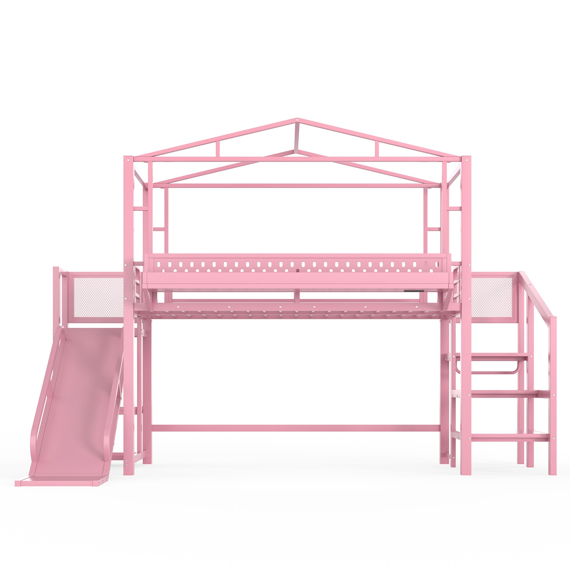 Twin Size Loft Bed with Storage Stairs, Shelves and Built-in Wardrobe, Metal Loft Bed Frame with USB Ports and LED Lights, Noise-reduced Design, Pink image 12