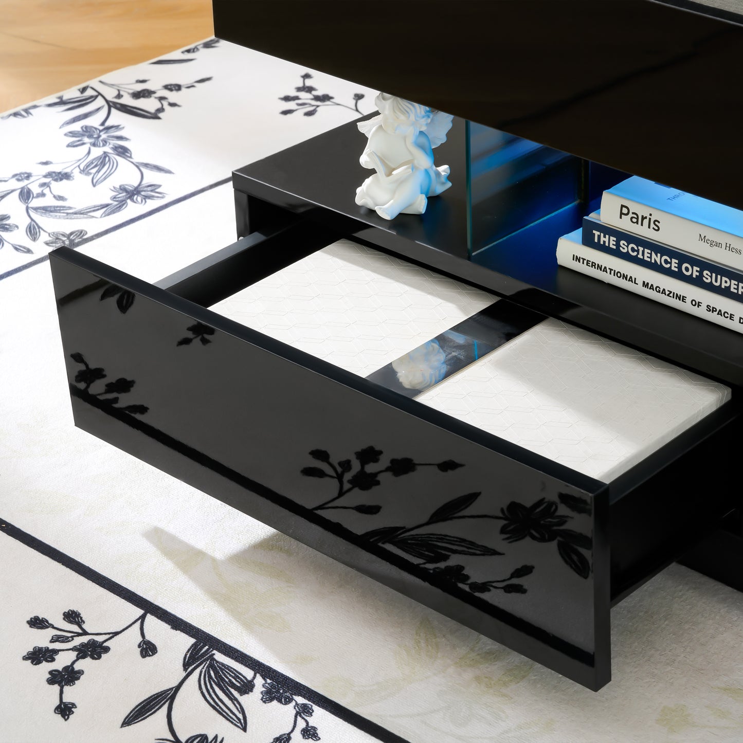 39.3" Lift Top Coffee Table with Hidden Compartment, 2 Storage Drawers and Ajustable LED Lights,Modern Multifunction Coffee Tables for Living Room, Bedroom,Office(Black) image 11