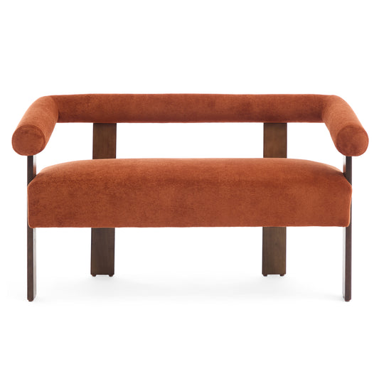 Round armrest boucle loveseat dark orange brown front view