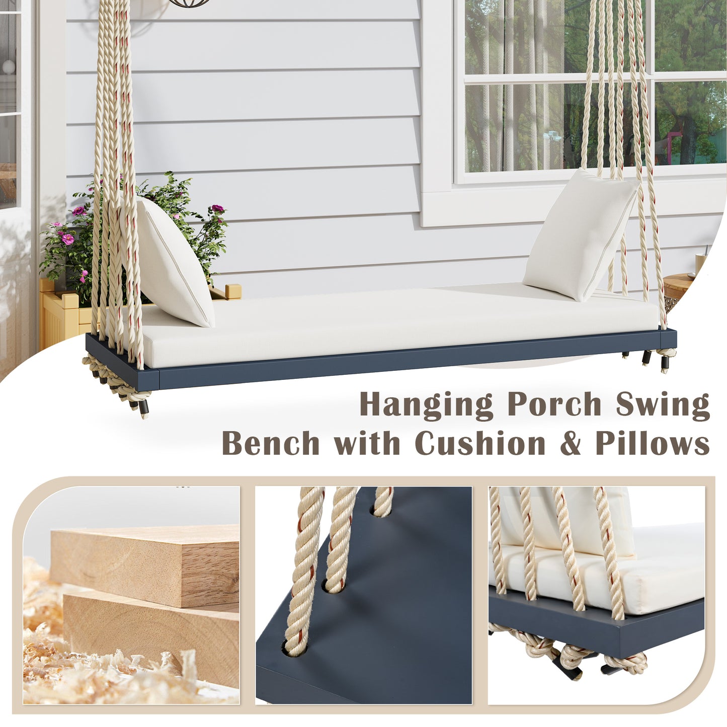 TOPMAX Patio Wooden Swing Chair, Hanging Porch Swing Bench with Cushion&Pillows, 10.8Ft Hemp Ropes for Garden,Backyard, Lawn,Gray image 4