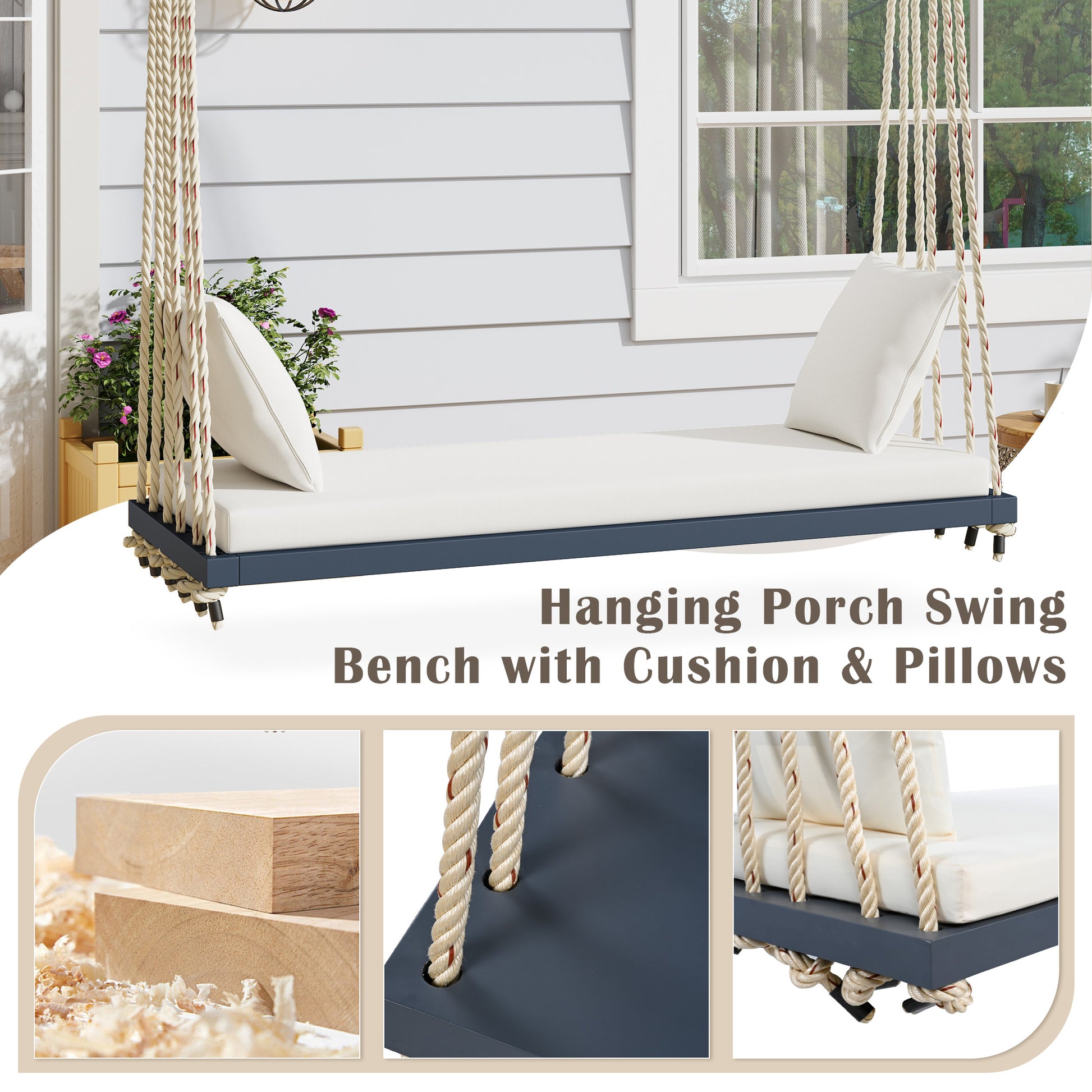 TOPMAX Patio Wooden Swing Chair, Hanging Porch Swing Bench with Cushion&Pillows, 10.8Ft Hemp Ropes for Garden,Backyard, Lawn,Gray image 4