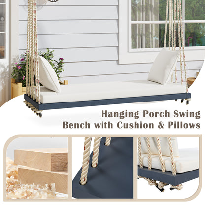 TOPMAX Patio Wooden Swing Chair, Hanging Porch Swing Bench with Cushion&Pillows, 10.8Ft Hemp Ropes for Garden,Backyard, Lawn,Gray image 4