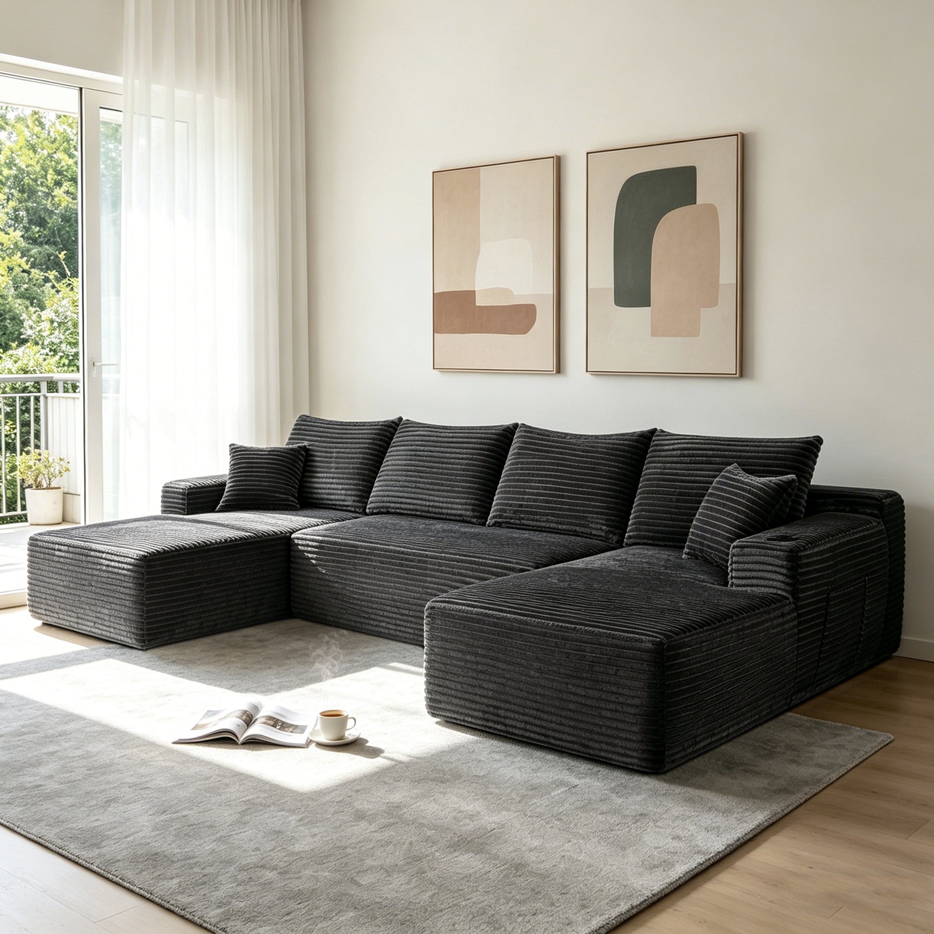 126" Cloud Sectional Sofa with U-Shape Chaise and Side Pockets and Cup holder, Modern Modular Design, Deep Seating, Upholstered Couch for Living Room/Bedroom, No Assembly Required (Plush)grey image 1