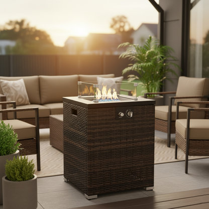 22" Propane Gas Fire Pit Table, 50000 BTU Square Steel Fire Pit with Beautiful Wicker Base for Outside Patio Deck Garden Backyard-Dark Brown image 1