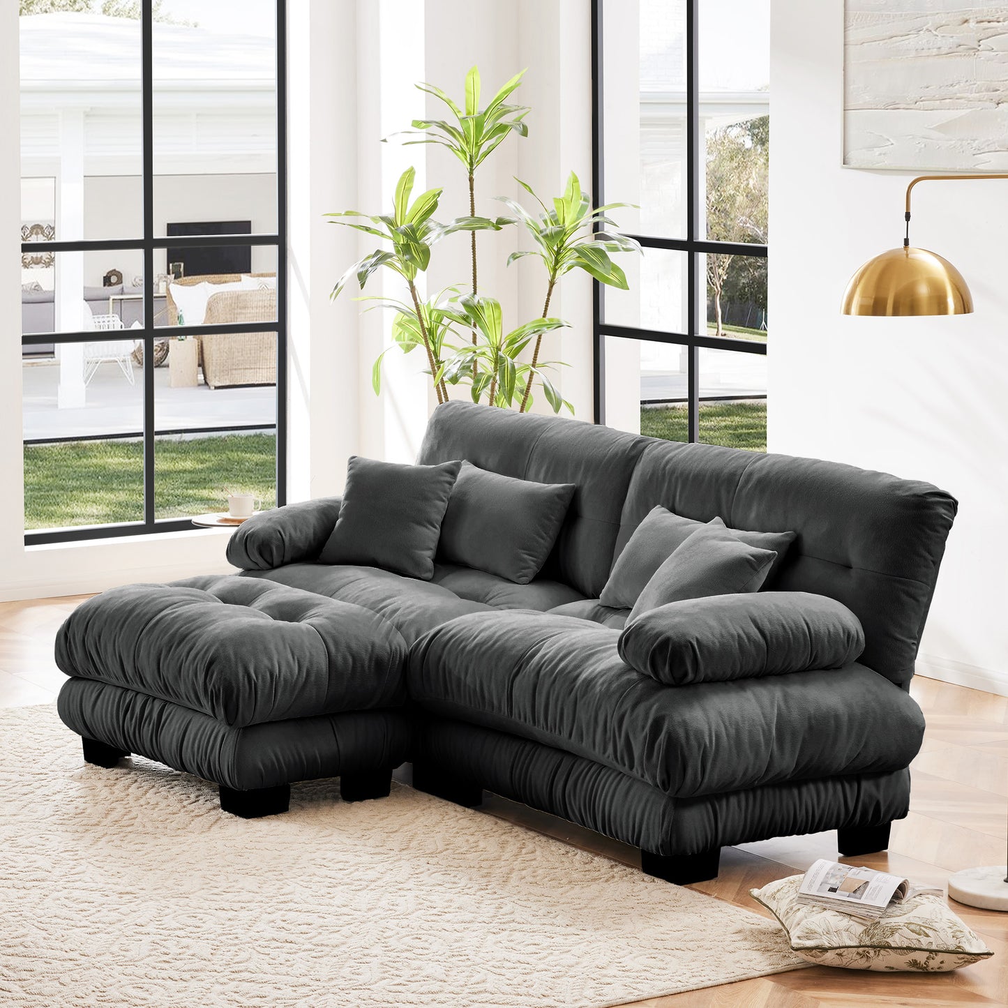 Cloud Couch Sectional Sofa for Living Room, Chenille 2 Seater Sofa with 2 Lumbar pillows and 2 throw pillows, Upholstered Wide Arm Sofa with Convertible Ottoman,Chenille Gray image 2