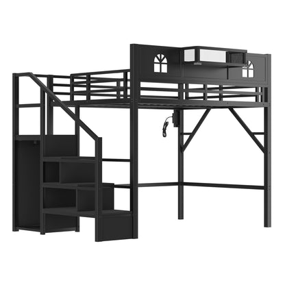 Full Size Loft Bed with Stairs, Metal Full Loft Bed with High and House Shaped Guardrails, High Loft Bed with Wardrobe for Kids Teens, black(Expect Arrival Date2026/3/17) image 10