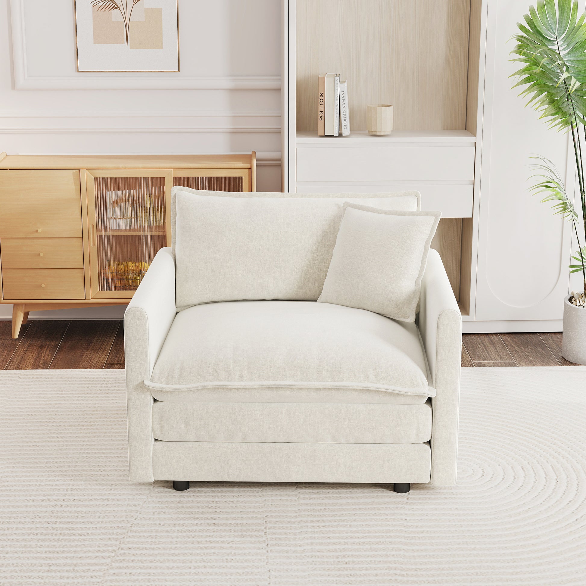 Comfy Deep Single Seat Sofa Upholstered Reading Armchair Living Room Chair White Chenille Fabric, 1 Toss Pillow image 2