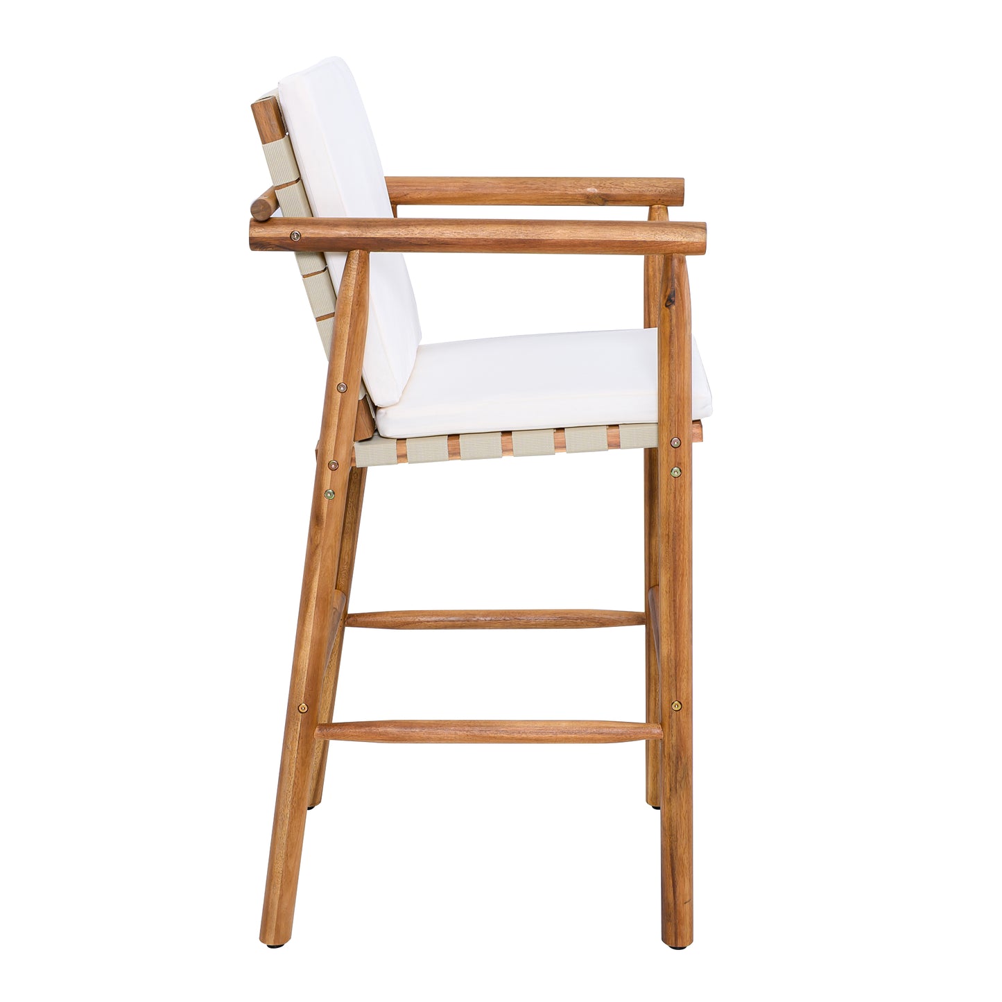 Outdoor Counter Height Bar Stools Chair Set of 2, Modern Patio Acacia Wooden Stools with Backrest Arm and Webbing Seat, for Patio, Pool, Garden, Beige Cushions Included image 9