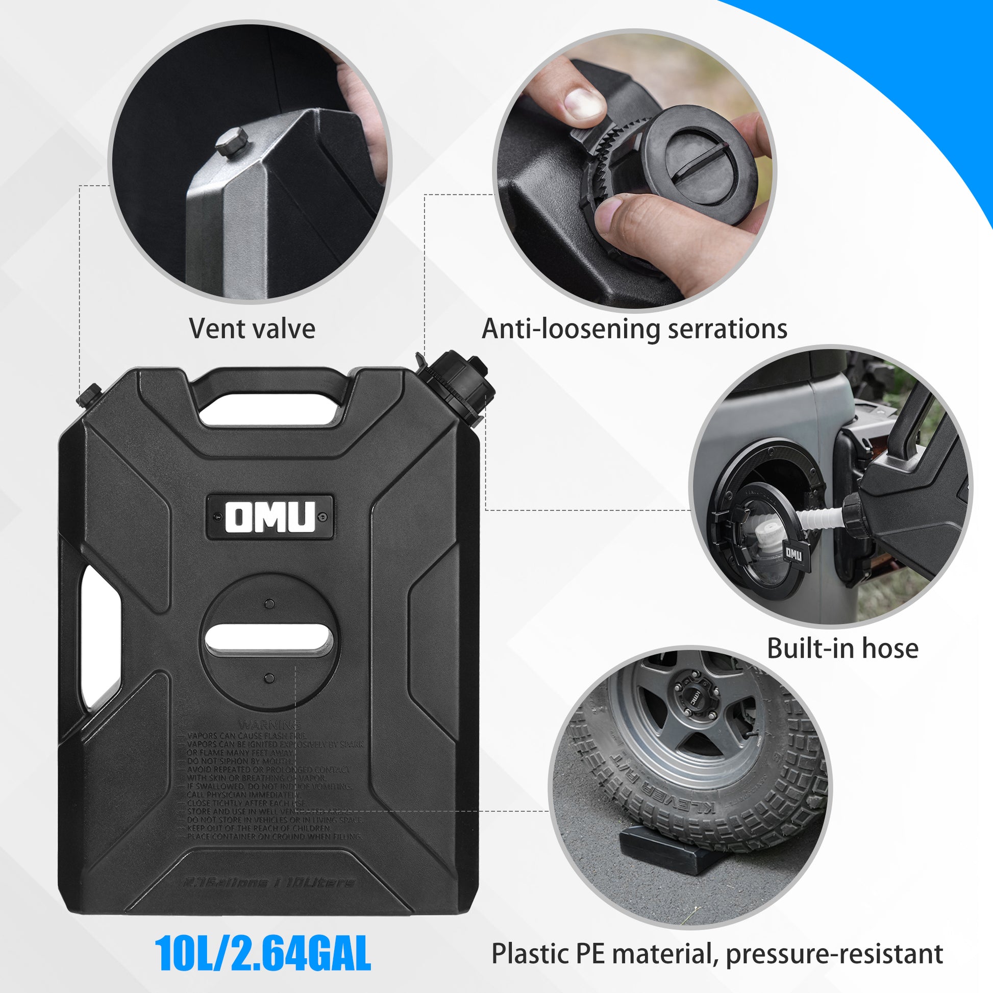 OMU 2.64 Gallon/10L Door Hinge Gasoline Container and Mount Set Compatible with 2007-2026 Jeep wrangler JK JL JT, Gasoline Pack Mount Backing Plate with Snapin Spout Backup Petrol Water Storage Can image 2
