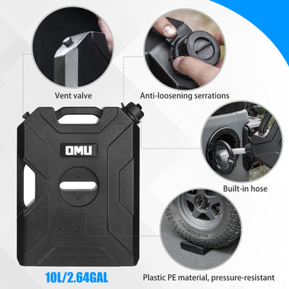 OMU 2.64 Gallon/10L Door Hinge Gasoline Container and Mount Set Compatible with 2007-2026 Jeep wrangler JK JL JT, Gasoline Pack Mount Backing Plate with Snapin Spout Backup Petrol Water Storage Can image 2