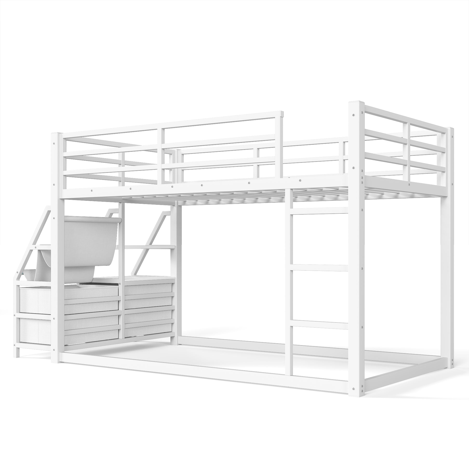 Twin over Twin bunk Bed with Storage Shelves and Drawers, Metal Bunk Bed with LED Lights for Teens, No Box Spring Need.White image 11