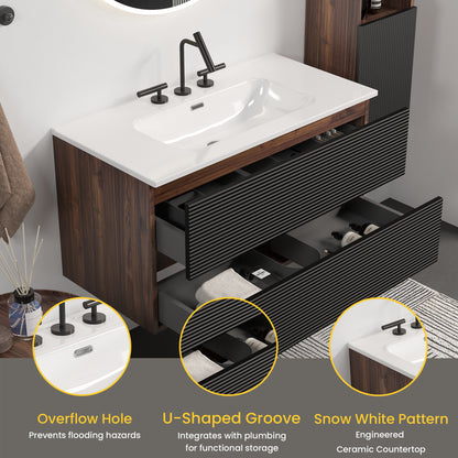Gloria 36" Wall Mounted Soft Black & Walnut Bathroom Vanity with Integrated Ceramic Sink with 3 holes, with Overflow, Large Storage Floating Bathroom Vanity for Modern Bathroom, KD image 4