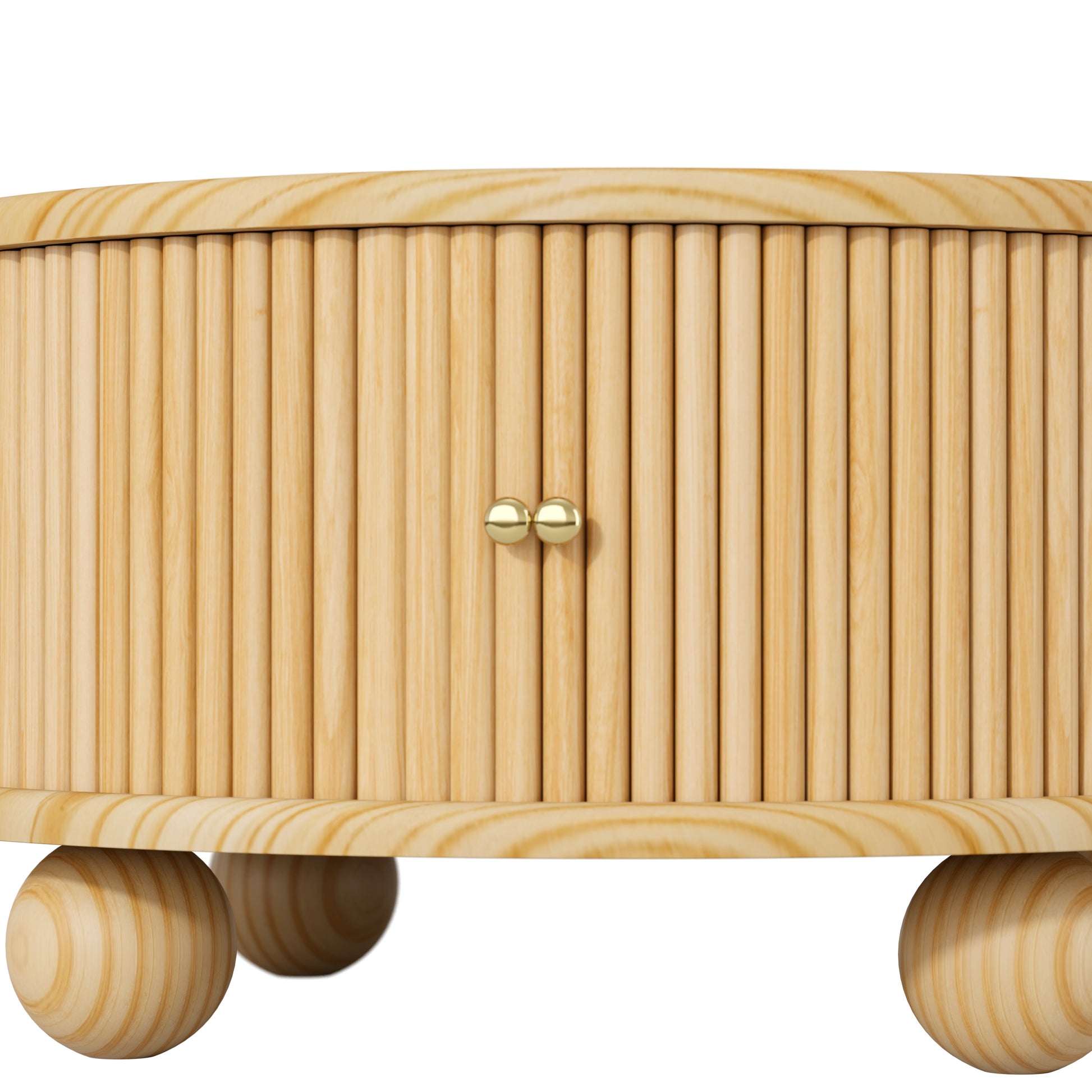 Round Fluted Coffee Table with Storage, Pine Solid Wood, Sliding Door, Natural, 31.8" image 11