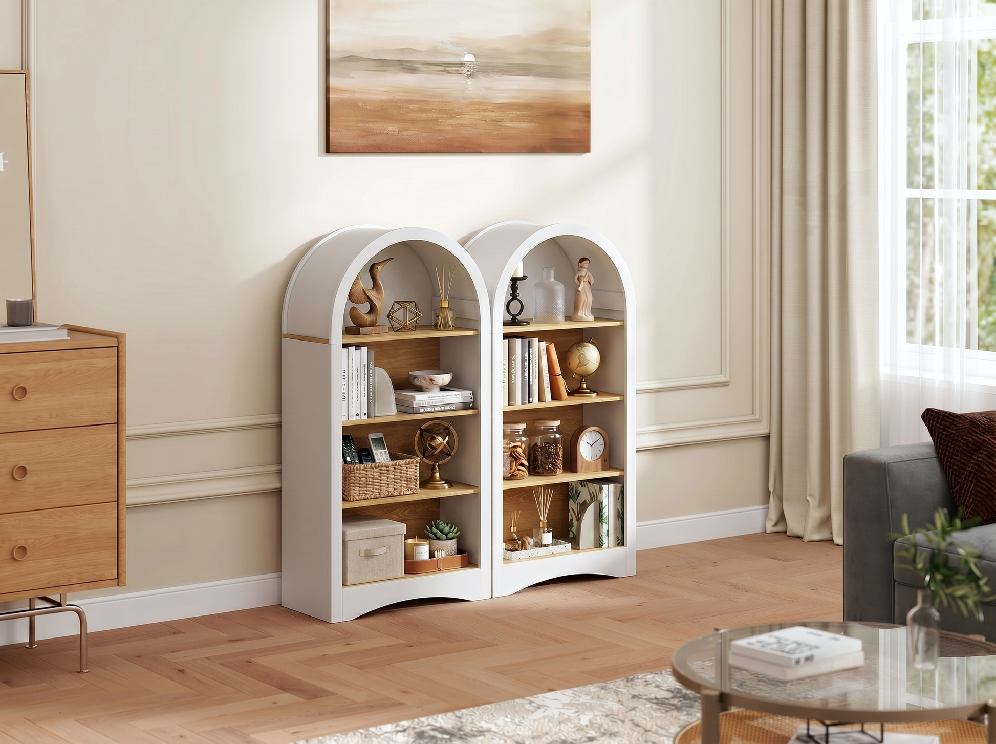 47" Freestanding Display Rack with Woodgrain Shelves, Arched Multifunctional Storage Cabinet, 4-Tier Open Shelf, Small Space Accent Bookcase for Living Room, Bedroom, Entryway,WHITE image 4