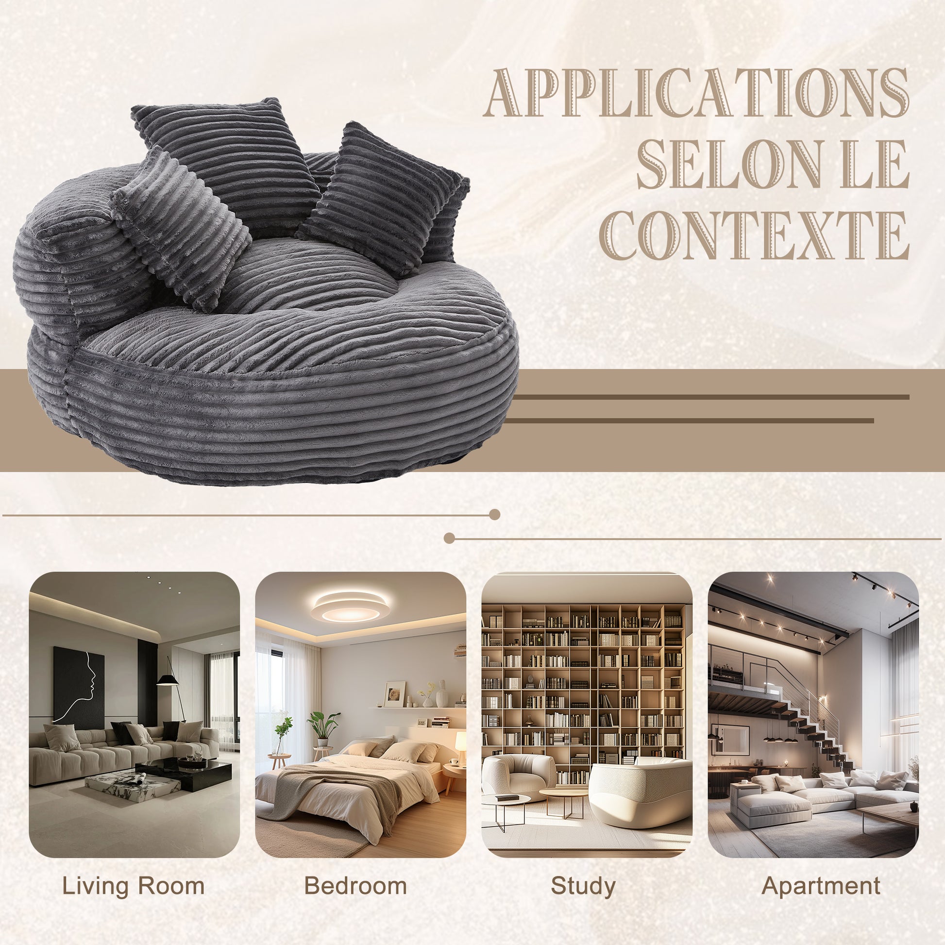Bean Bag Chairs, Bean Bag Sofa for Adults, Kids,Oversized Corduroy Bean Bag Chair with 3 Pillows & Armrest,Beanbag Chair & Lazy Sofa with Foam Filler for Bedroom Living Room Dorm image 5