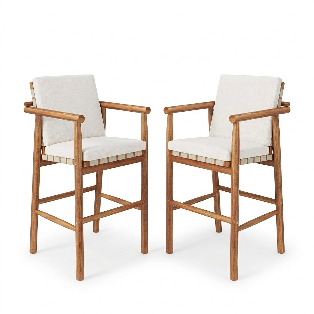 Outdoor Counter Height Bar Stools Chair Set of 2, Modern Patio Acacia Wooden Stools with Backrest Arm and Webbing Seat, for Patio, Pool, Garden, Beige Cushions Included image 8