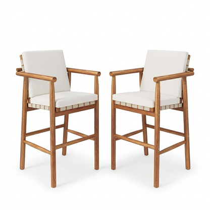 Outdoor Counter Height Bar Stools Chair Set of 2, Modern Patio Acacia Wooden Stools with Backrest Arm and Webbing Seat, for Patio, Pool, Garden, Beige Cushions Included image 8