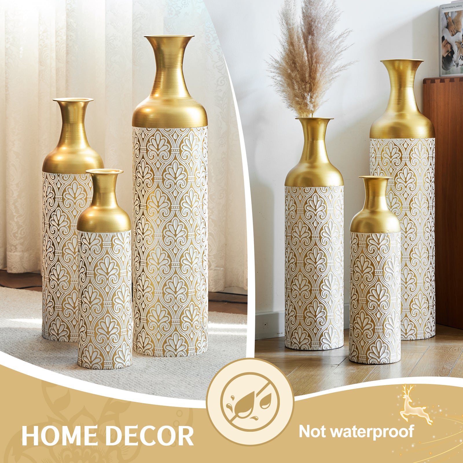 Gold White Metal Vase Set of 3, Tall Decorative Cylinder Flower Vases with Embossed Pattern, Modern Luxury Table Centerpiece for Living Room Home Decor, Shelf Mantel Fireplace Ornaments image 6