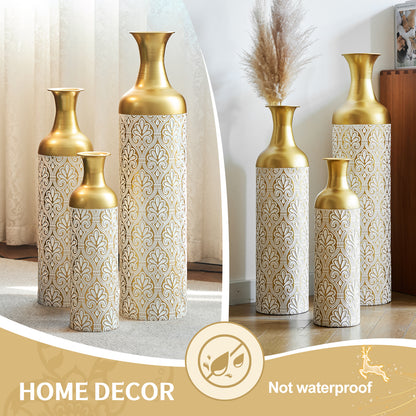 Gold White Metal Vase Set of 3, Tall Decorative Cylinder Flower Vases with Embossed Pattern, Modern Luxury Table Centerpiece for Living Room Home Decor, Shelf Mantel Fireplace Ornaments image 6