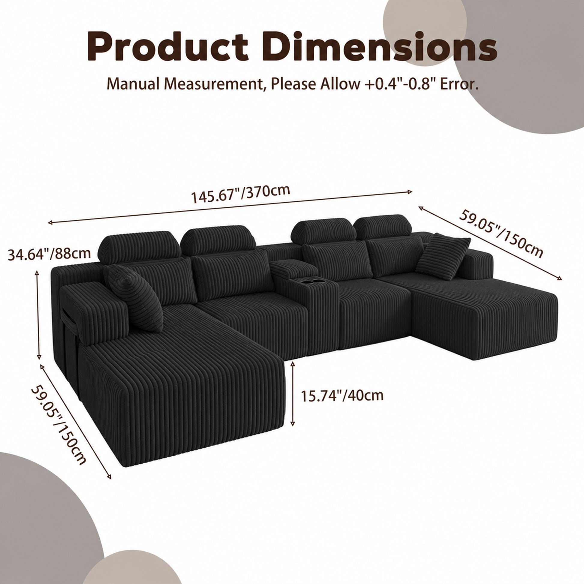 Modern Black corduroy 6-seater U-shaped sofa with lounge chair and cup holder -145.7 inch oversized modular compression sofa, suitable for home theaters, luxury living spaces, tool free assembly image 11