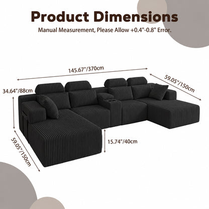 Modern Black corduroy 6-seater U-shaped sofa with lounge chair and cup holder -145.7 inch oversized modular compression sofa, suitable for home theaters, luxury living spaces, tool free assembly image 11