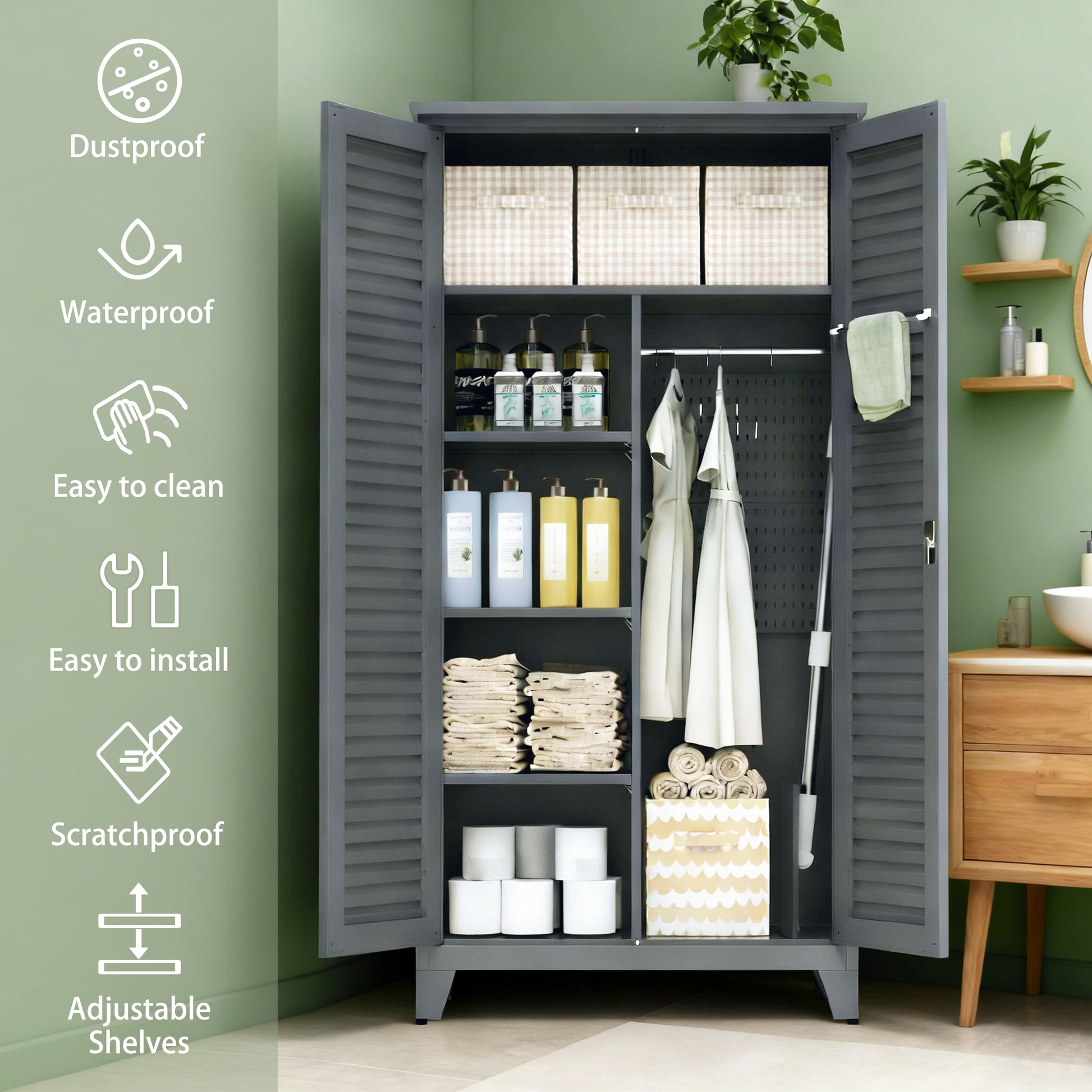 73'' Tall Metal Tool Storage Cabinet, with Ample Storage Space for Garage,Warehouse,Garden,Office, Living Room,Bathroom,Utility Room (Slate) image 12