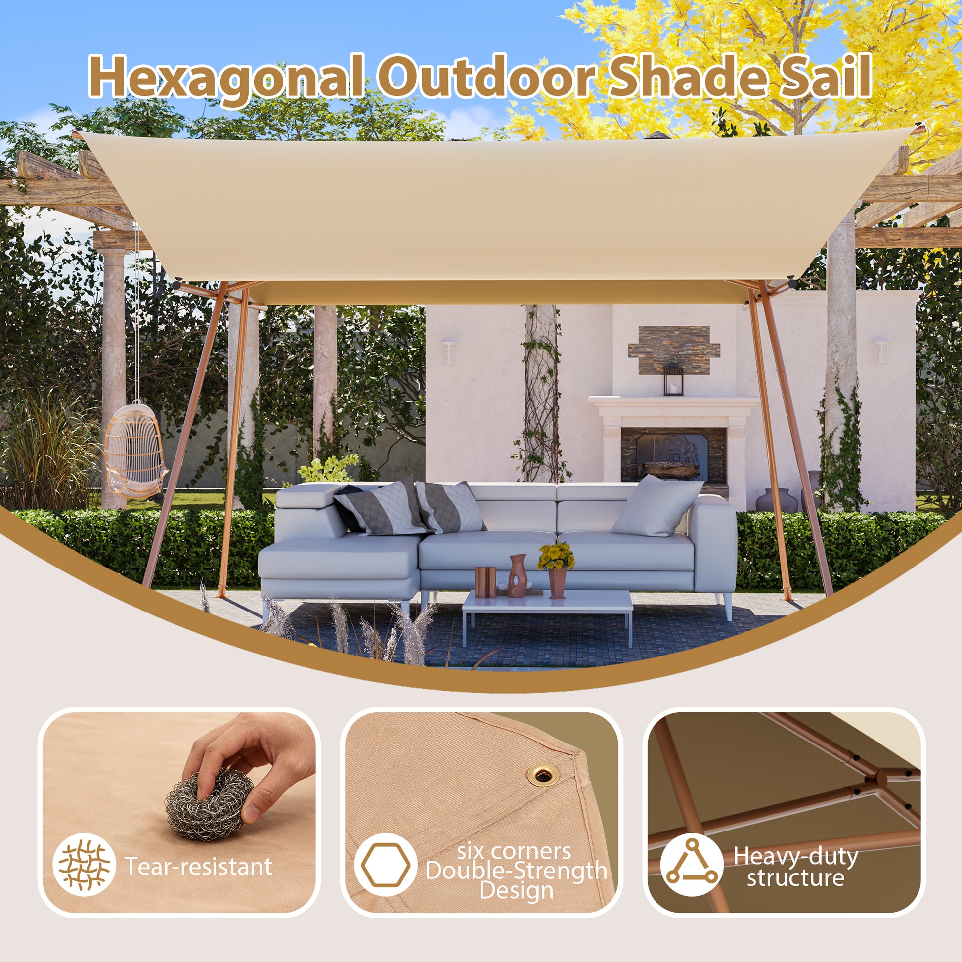 Hexagonal Shade Sail Canopy, Large 206"x118" UV Block Sun Shade with UPF 50+, Waterproof High-Density Polyester Fabric, Brown Rust-Resistant Poles & Built-in Hooks for Patio Backyard – Light Khaki image 6