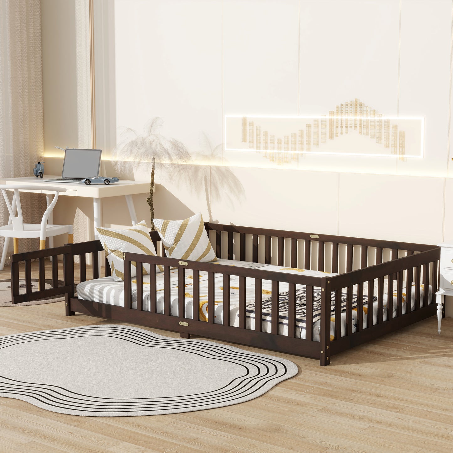 Full Size Floor Bed with Fence and Door,Rubber Wood Floor Bed with Safety Guardrails,Espresso (Old Sku W504P286381) image 6