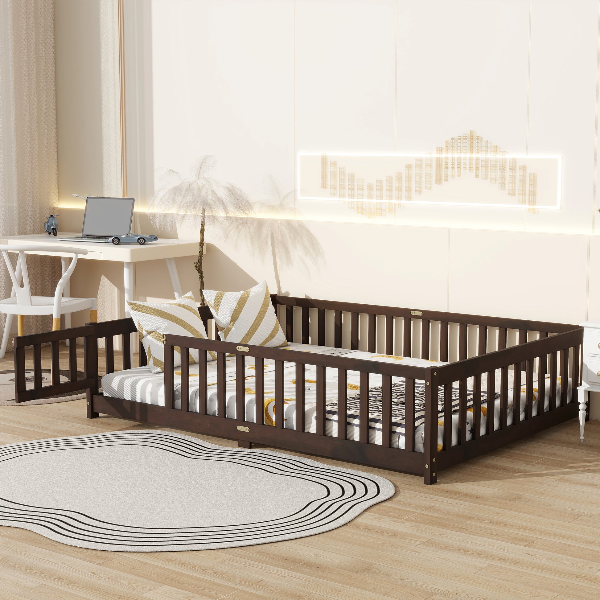 Full Size Floor Bed with Fence and Door,Rubber Wood Floor Bed with Safety Guardrails,Espresso (Old Sku W504P286381) image 6
