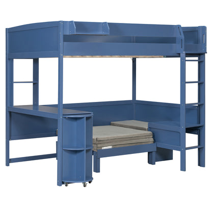 Full Size Wood Loft Bed with Desk, Bedside Storage Shelf, Sofa and Light, Navy Blue image 10