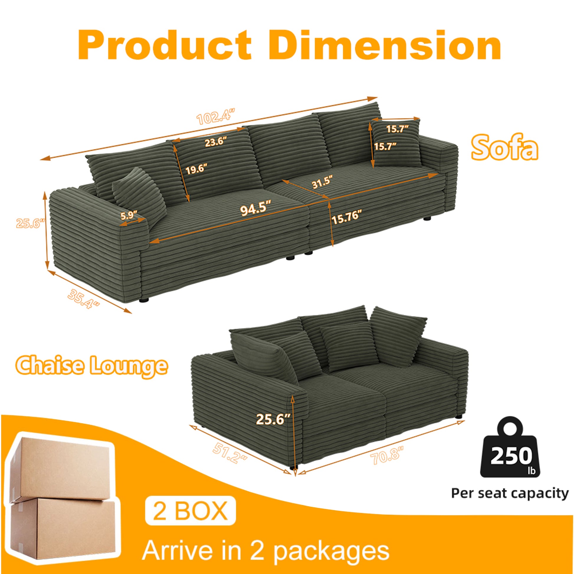 102.4 " Plush Corduroy 4-Seat Sofa,Modern Comfy Upholstered Sofa Cloud Couch,Deep Seat Couches with Soft Pillows,Convertible Deep Seat Sofa Lounge Chair for Apartment,Office,Green(Old Sku:W1885P346910 image 9