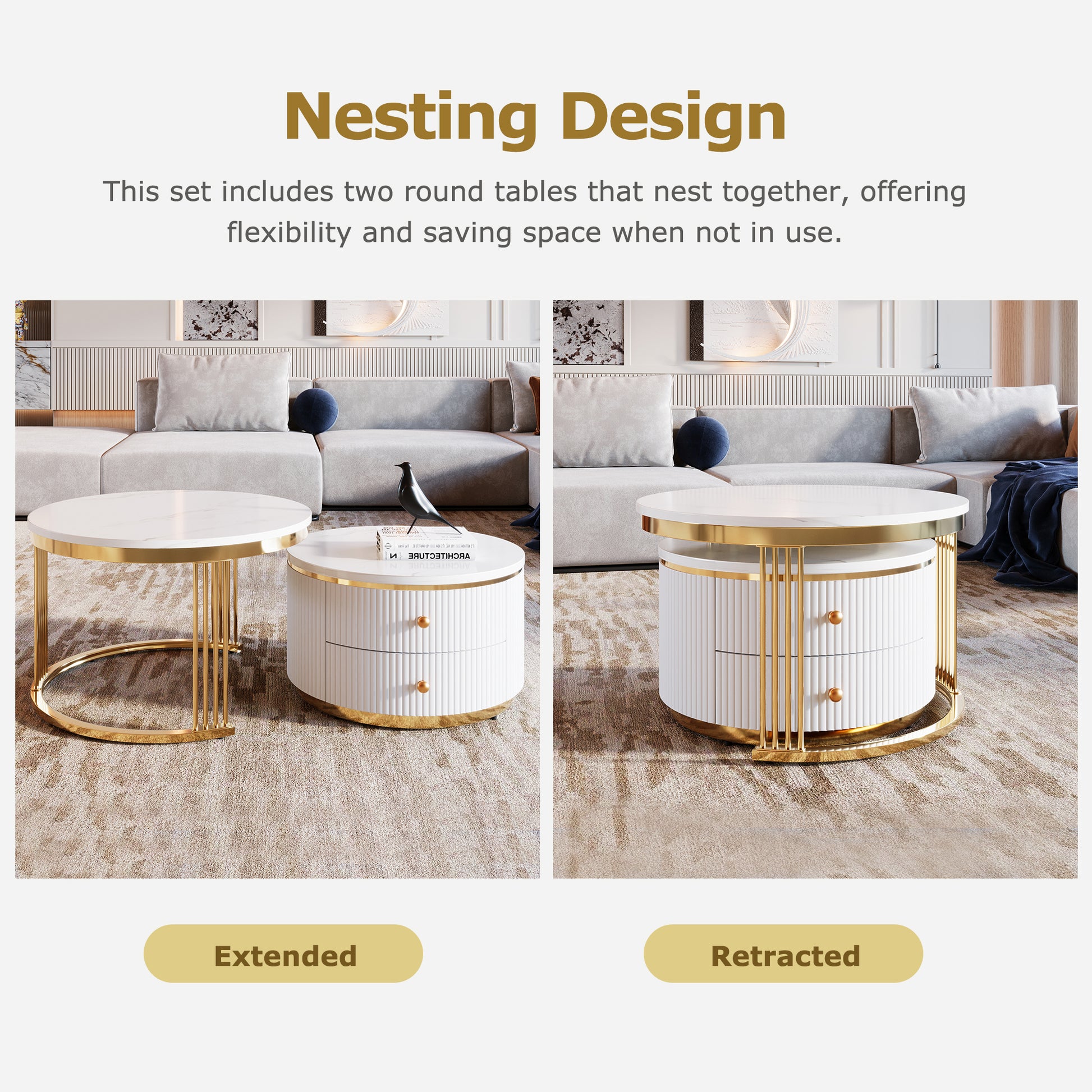 Modern 2 Pieces White Round Nesting Coffee Table with Drawers in 27.6'' image 6