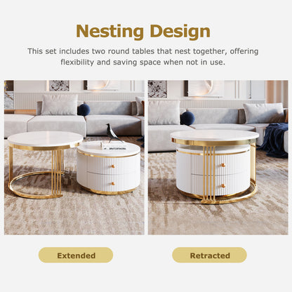 Modern 2 Pieces White Round Nesting Coffee Table with Drawers in 27.6'' image 6