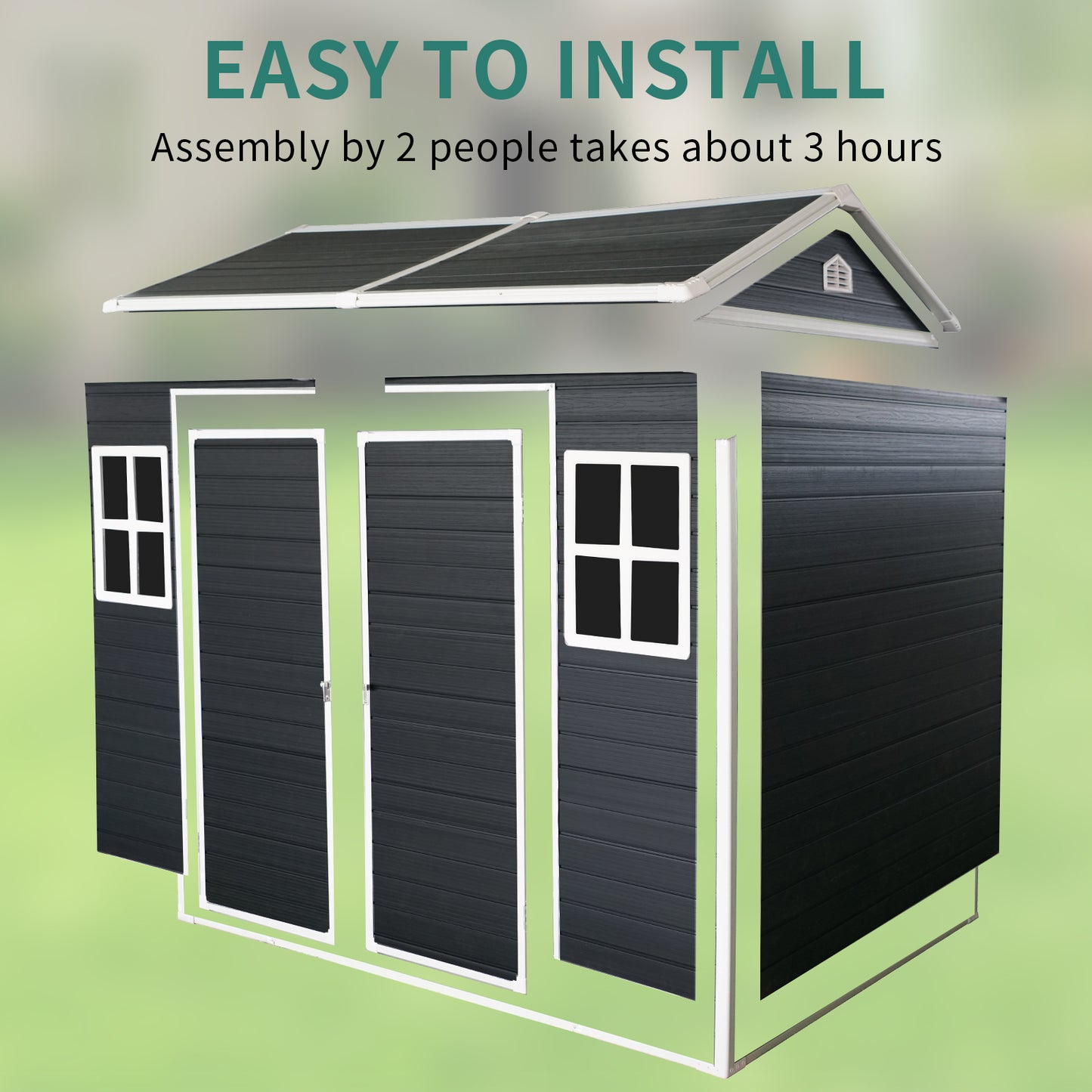 8x4ft Outdoor Resin Garden Shed with Floor and 2 Windows, Plastic Patio Outdoor Storage Shed with Lockable Door for Garden Tools, Bicycles, Trash Cans, Black image 8