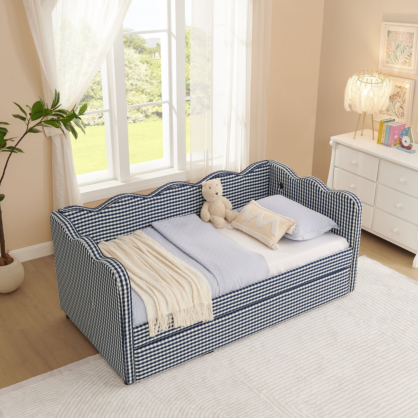 Cozy Gingham Daybed with Trundle Twin Size Sofa Bed No Box Spring Needed, with USB Port and Adorable Wave Shaped, Linen Fabric, Navy image 5