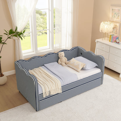 Cozy Gingham Daybed with Trundle Twin Size Sofa Bed No Box Spring Needed, with USB Port and Adorable Wave Shaped, Linen Fabric, Navy image 5