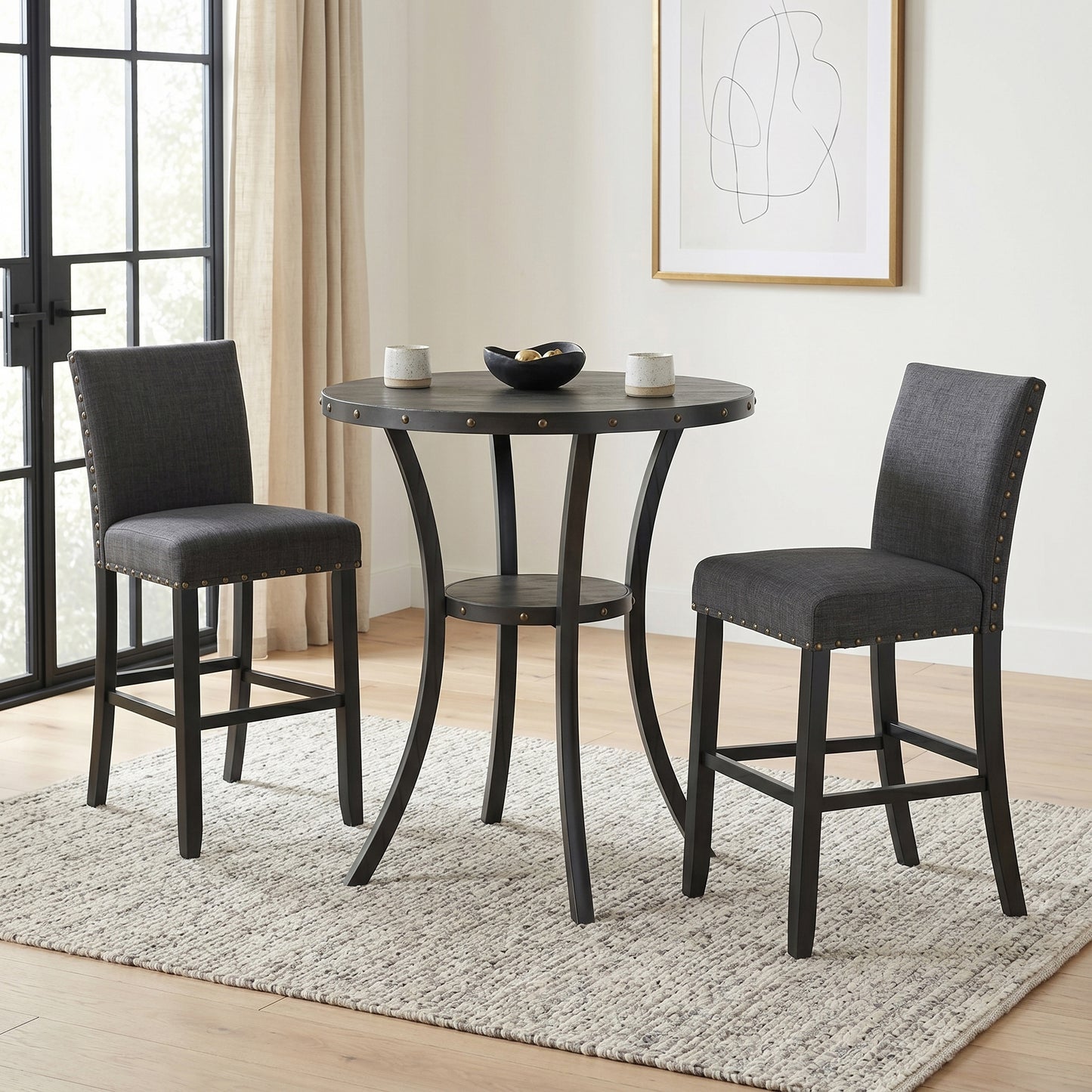 Biony 3-Piece 36" Round Espresso Finish Bar Table with 2 Gray Fabric Nail Head Pub Chairs image 2