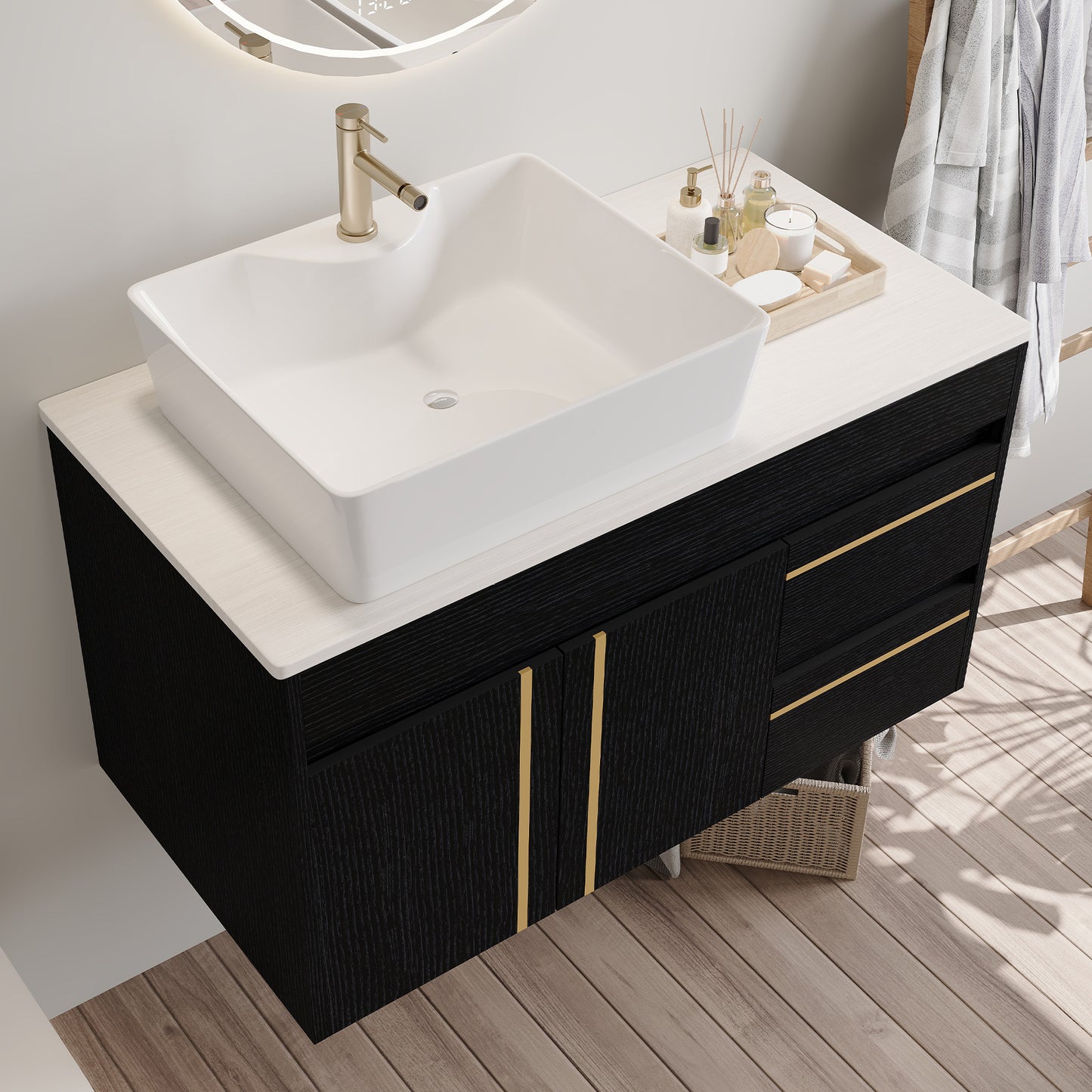36" Wall-Mounted Bathroom Vanity with Vessel Ceramic Sink & Plywood Countertop – Soft-Close Door & Drawers, Floating Design image 4