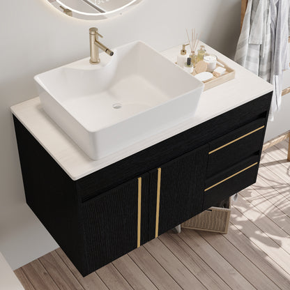 36" Wall-Mounted Bathroom Vanity with Vessel Ceramic Sink & Plywood Countertop – Soft-Close Door & Drawers, Floating Design image 4