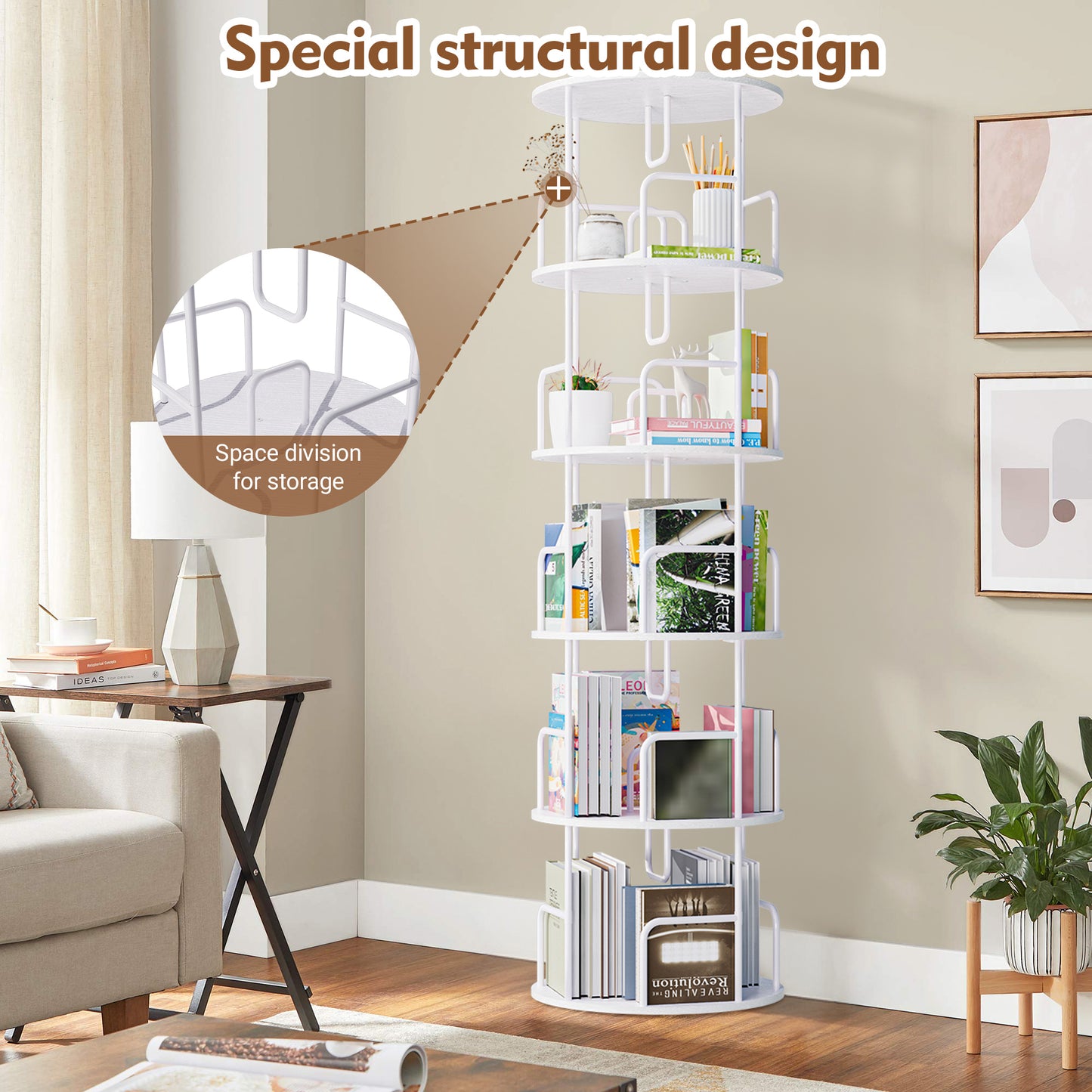 Rotating Bookshelf Tower 5 Tier,Spinning Bookcase, Revolving 360 Book Shelf Narrow Tall Bookcase, Vertical Turning Round storage Bookshelf,Book Shelf Organizer for Bedroom, Living Room, White image 5