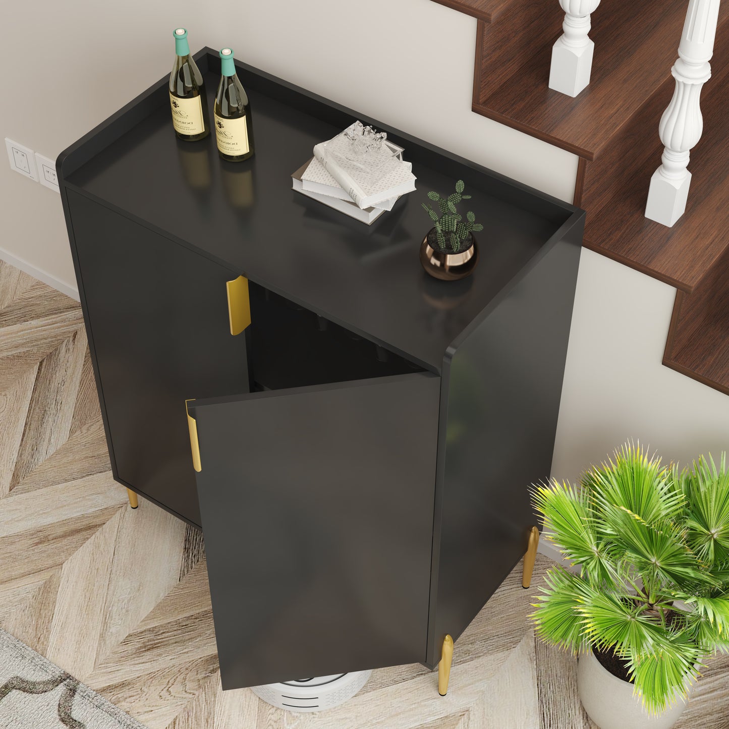 2 doors home wine bar cabinet with wine rack & adjustable storage shelf, modern sideboard with soft-closing hinge, dinning room buffet cabinet, Liquor Cabinet kitchen, living room coffee cart BLACK image 10
