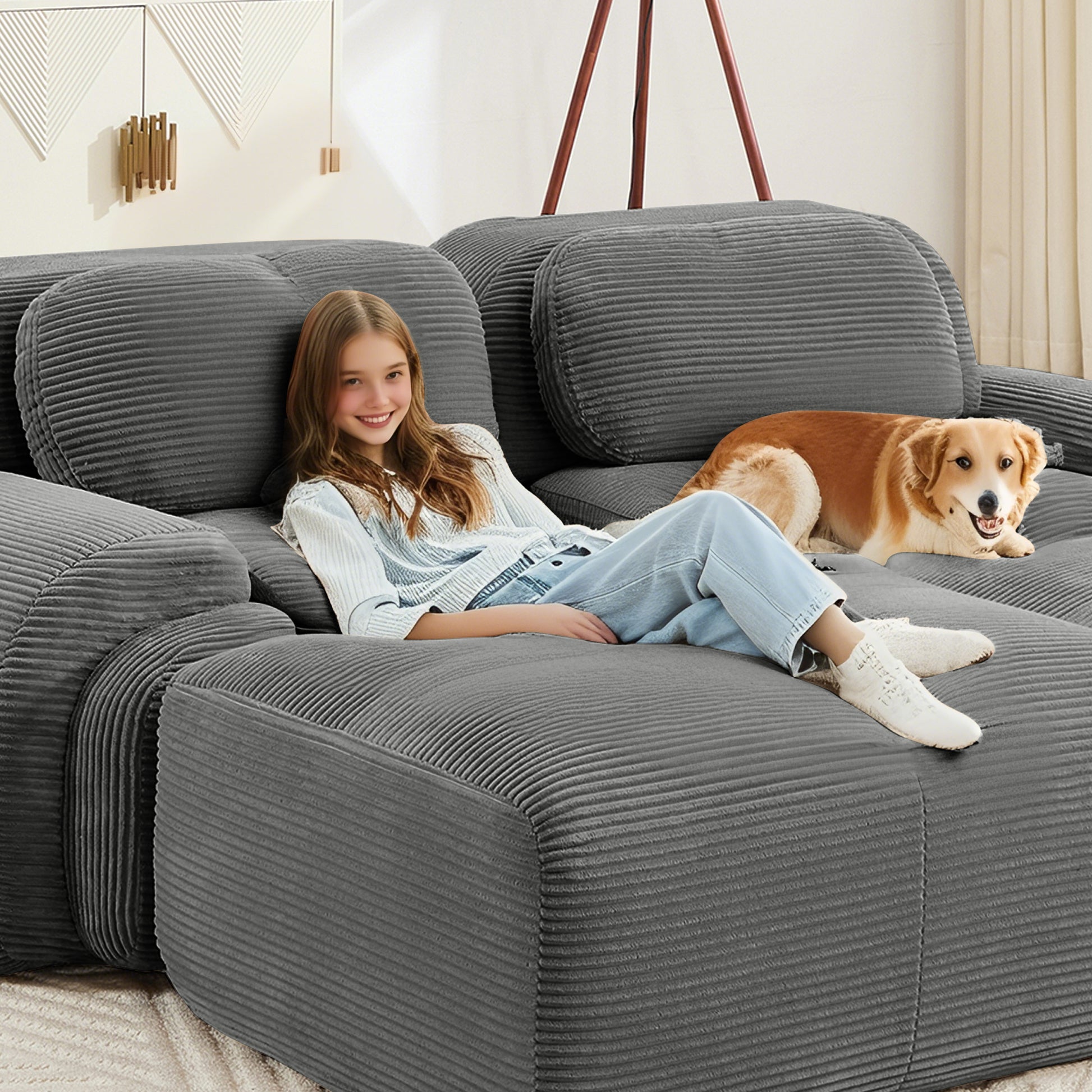 L-shaped modular sofa no assembly ergonomic design pet-friendly luxuryCorduroy Fabric fabric extra-wide curved armrests 32D high-resilience sponge for living rooms bedroom,Grey image 10