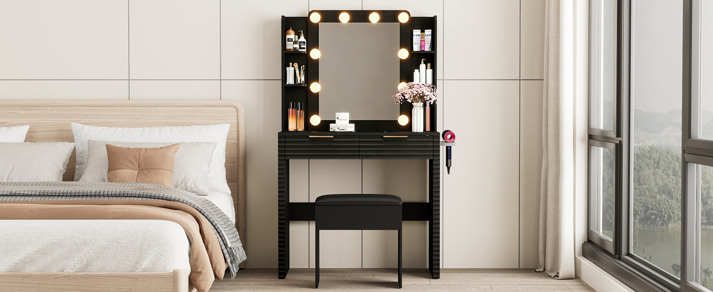 Makeup Vanity Desk with 10 Hollywood Bulbs, Fluted Dressing Table with Charging Station, 2 Drawers and 4 Open Shelves, Hairdryer Holder, Padded Stool with Storage, Black image 12