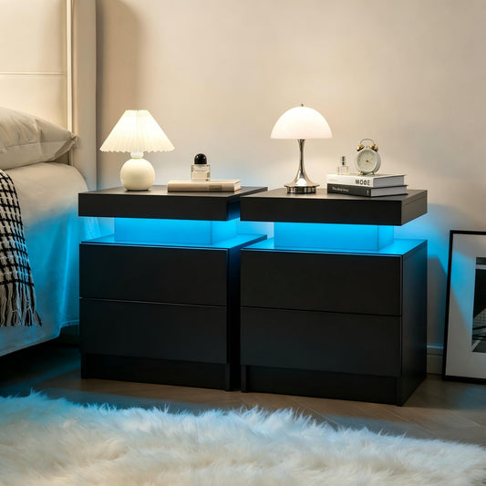 LED Nightstands Set of 2, Bedside Table Cabinet Lights Modern End Side with 2 Drawers for Bedroom (Black) image 1
