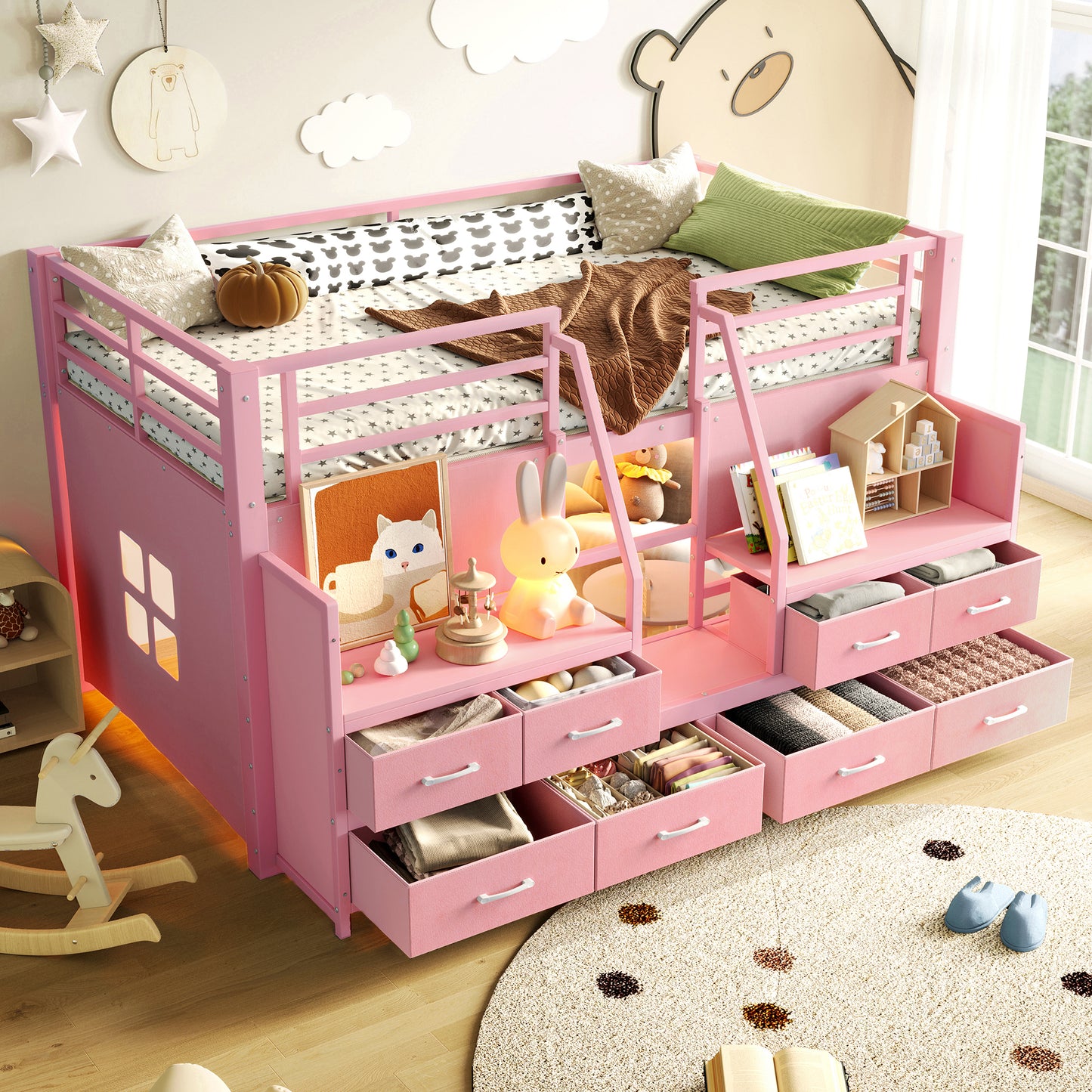 Twin Low Loft Bed with Multi-Storage Spaces, Including Fabric Drawers, Fabric Shelves Beside the Bed, Storage Stairs, Metal Loft Bed with Lights and Ample Under-bed Spaces, Pink image 2