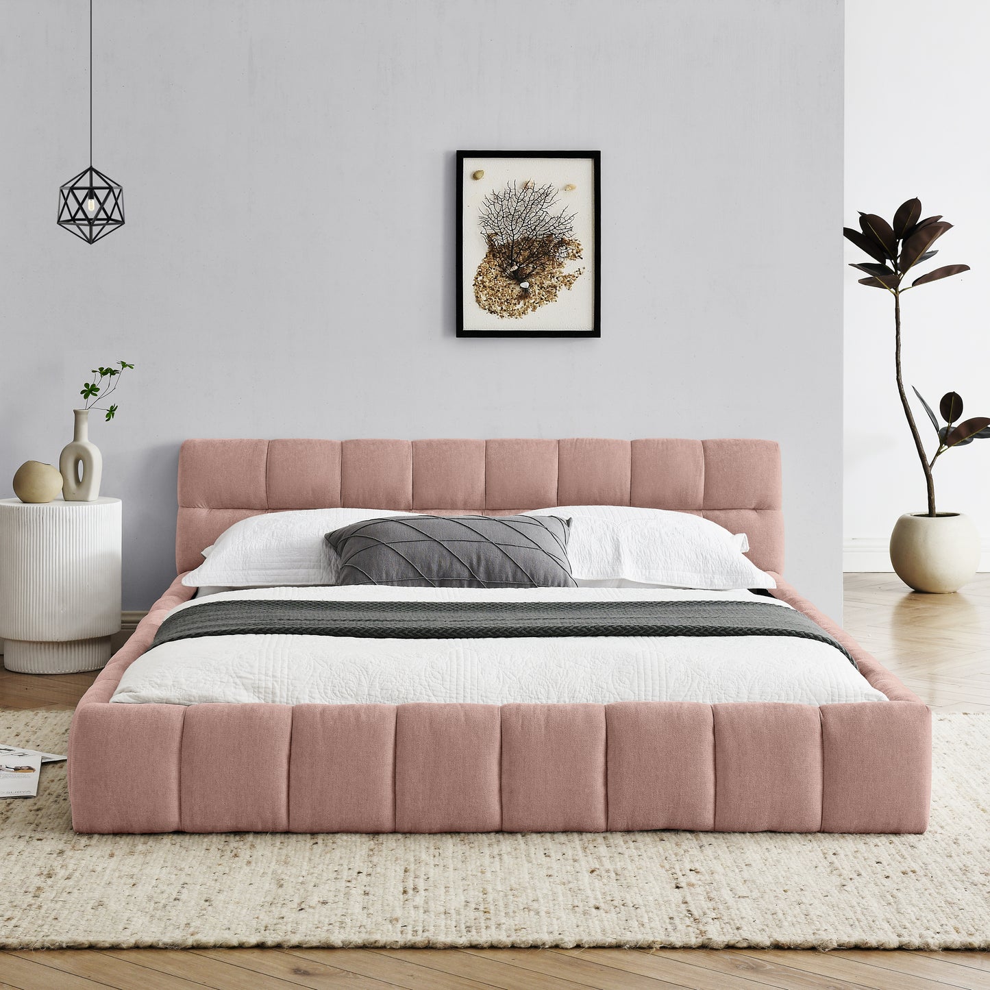 Queen Size Upholstered Bed Frame with Thick Fabric, Chenille Fabric Grounded Queen Size Platform Bed with Headboard and Solid Frame. No Box Spring Needed, PINK(68''*86.5''*23.5'') image 3